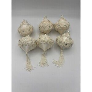 Lot of 6 Vintage Victorian Ivory Lace Shabby Chic Christmas Ornaments Tassel